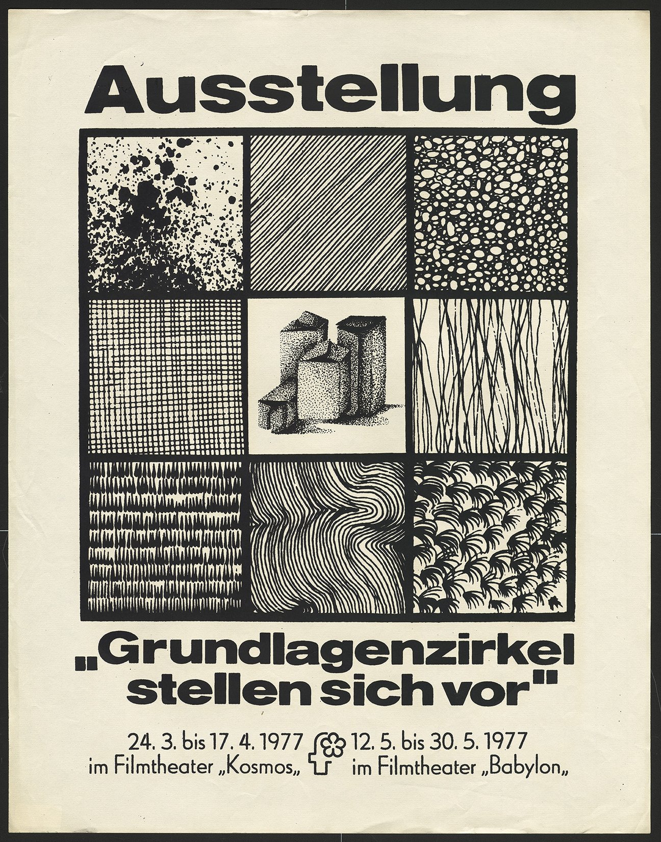 Ausstellungswerbung: "Grundlagenzirkel stellen sich vor" vom 24. März bis zum 17. April 1977. Aus der Sammlung „Studio Otto Nagel“. FHXB Friedrichshain-Kreuzberg Museum [CC BY-NC-SA]