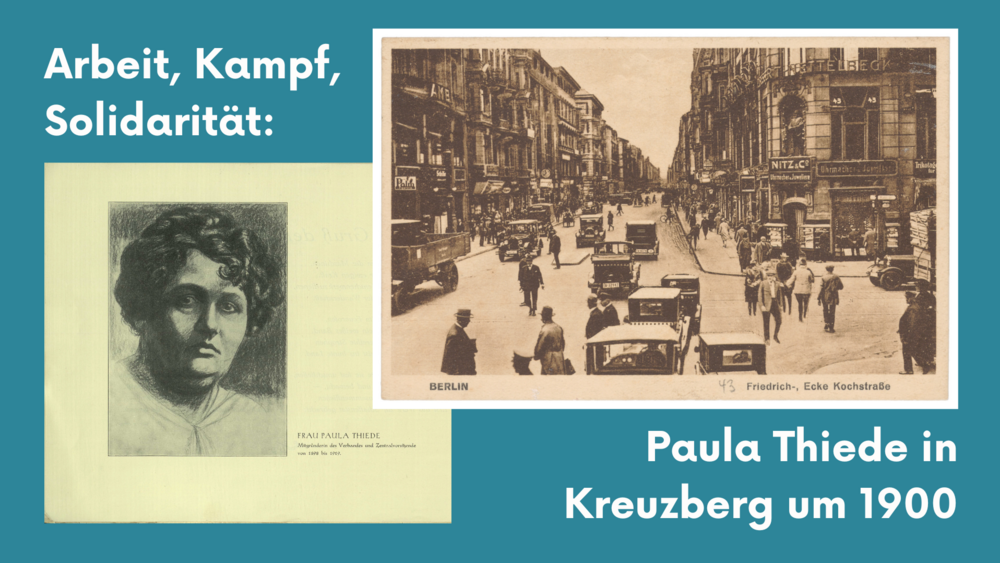 Veranstaltungsankündigung mit Postkartenmotiv und Portrait von Paula Thiede