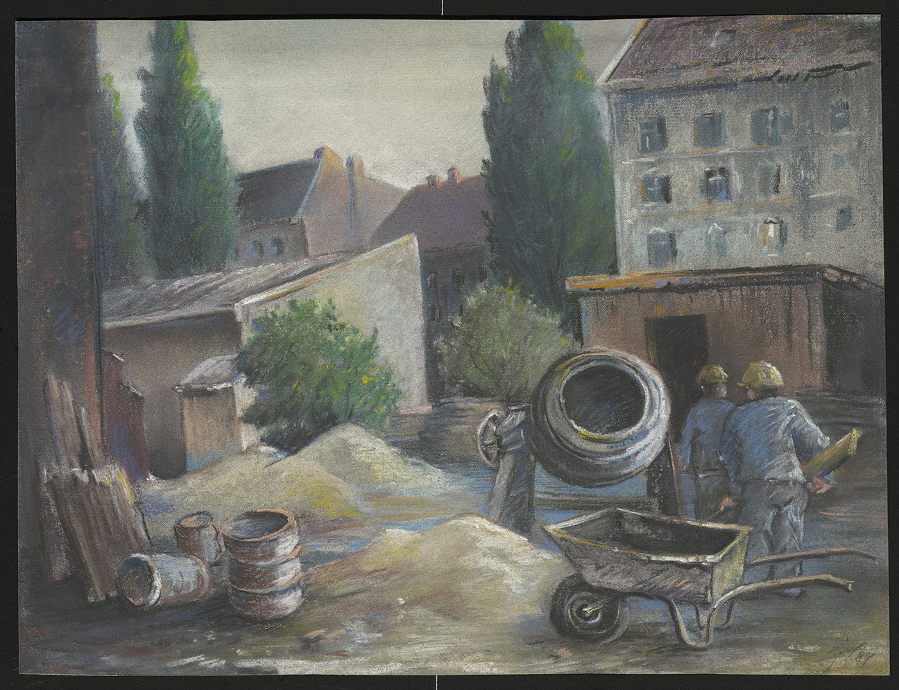 Pastell: Volkmar Götze – Baustelle (1984). Aus der Sammlung „Studio Otto Nagel“. FHXB Friedrichshain-Kreuzberg Museum [CC BY-NC-SA]