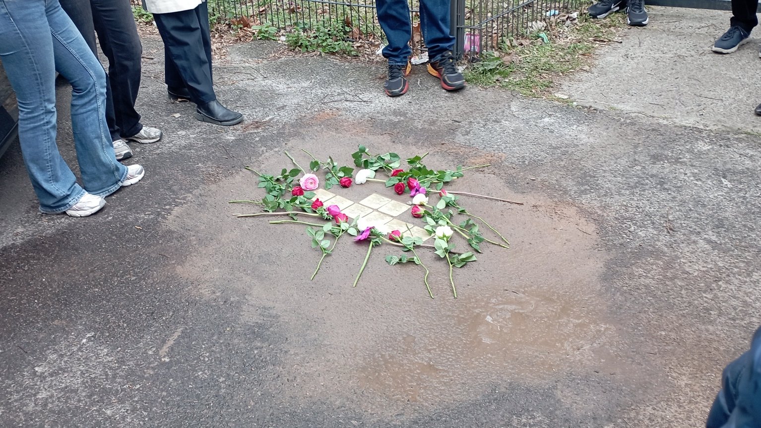 Blick auf verlegte Stolpersteine mit Blumen
