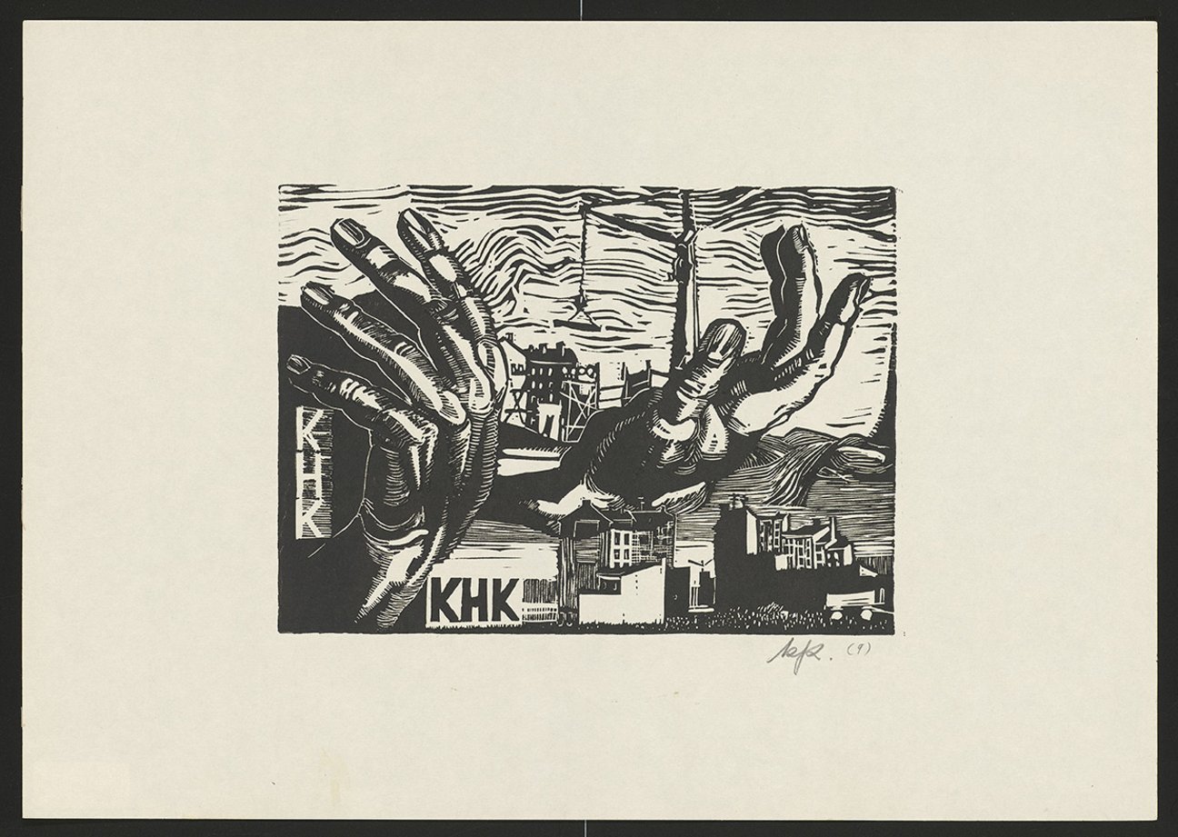 Holzschnitt von Karl-Heinz Klingbeil: Bau und schöpferisches Wirken in Ostberlin (Jahr n.a.). Aus der Sammlung „Studio Otto Nagel“. FHXB Friedrichshain-Kreuzberg Museum [CC BY-NC-SA]