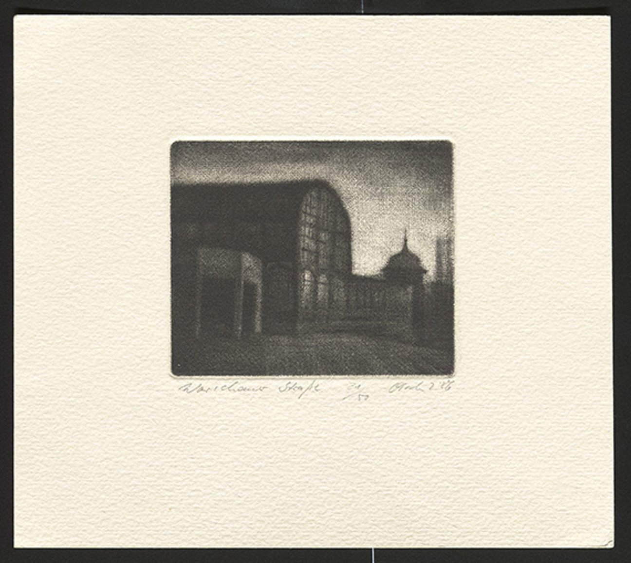 Mezzotinto/Kaltnadel-Werk "Warschauer Straße" (1986) von Detlef Olschewski. Aus der Sammlung „Studio Otto Nagel“. FHXB Friedrichshain-Kreuzberg Museum [CC BY-NC-SA]