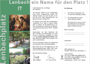 Flyer zur Bürger*innenbeteiligung der Benennung des bis dahin inoffiziell „Lenbachplatz” genannten Areals, 2009.<br><i>Flyer von Jutta Kalepky und Dr. Franz Schulz, FHXB Friedrichshain-Kreuzberg Museum</i> Flyer zur Bürger*innenbeteiligung