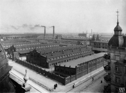 Gelände des städtischen Vieh- und Schlachthofs, 1907.<br><i>Wikimedia Commons, Foto: Max Missmann</i>
Gelände des städtischen Vieh- und Schlachthofs