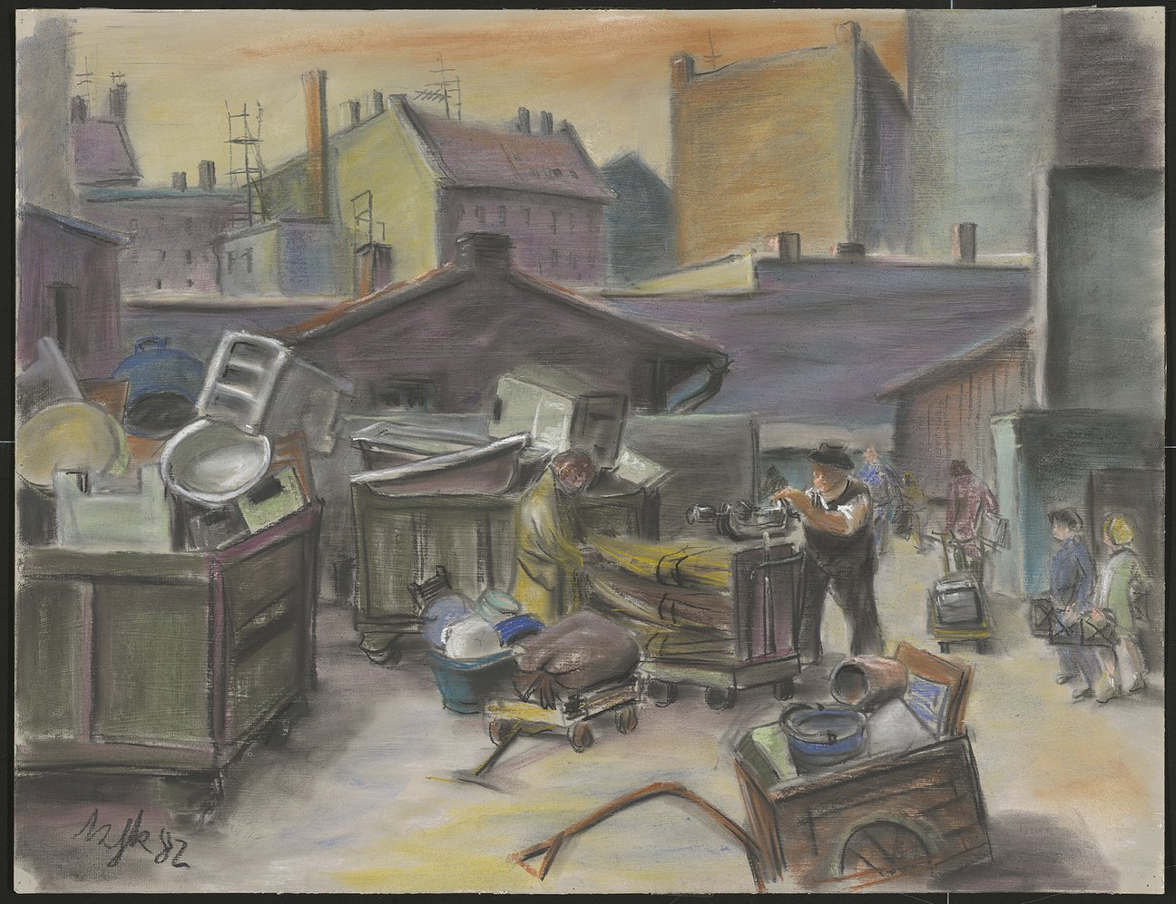 Pastellzeichnung von Karl-Heinz Klingbeil: Altmetallplatz an der Colbestraße II (1982). Aus der Sammlung „Studio Otto Nagel“. FHXB Friedrichshain-Kreuzberg Museum [CC BY-NC-SA]