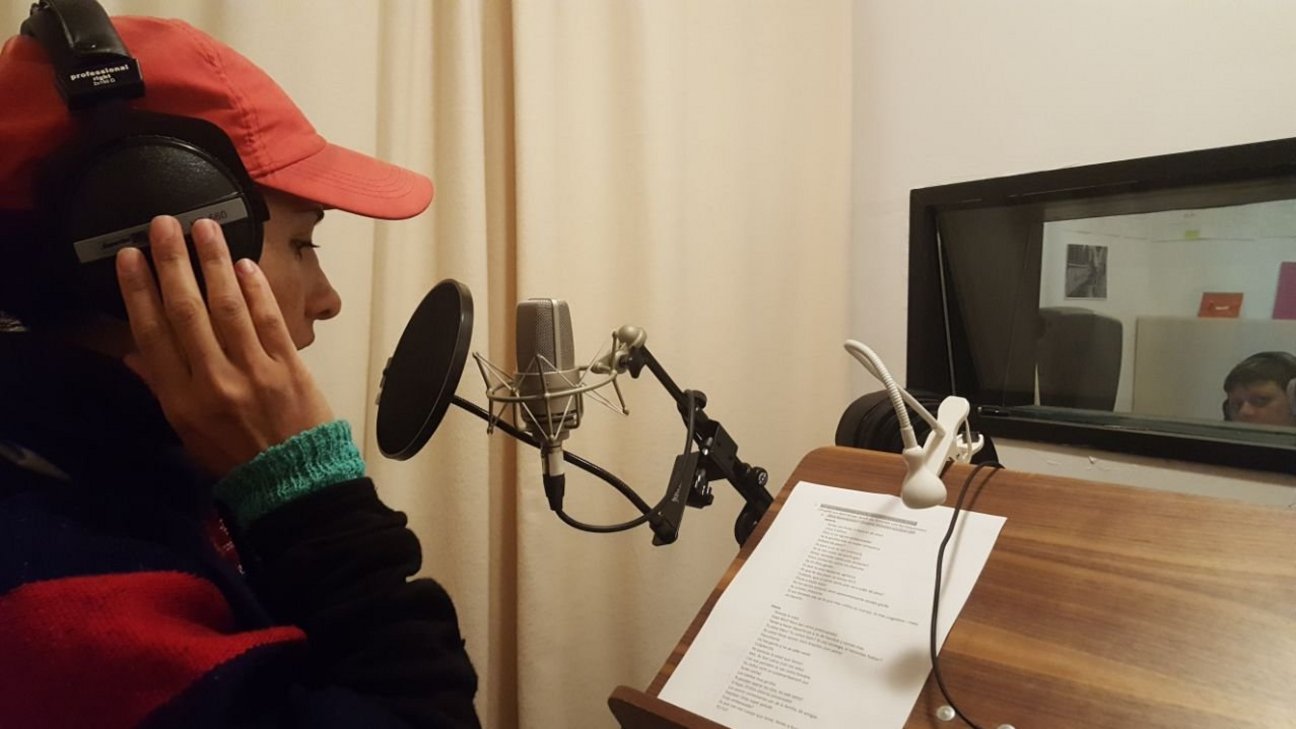Foto einer Person in einem Tonstudio vor einem Mikro