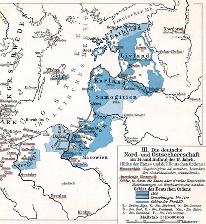 Landkarte der „Deutschen Nord- und Ostseeherrschaft” im 14. und 15. Jahrhundert, unter die auch Reval, heute Tallin in Estland, fiel.<br><i>Putzgers Historischer Schul-Atlas zur alten, mittleren und neuen Geschichte, Polona Digital Library</i> Landkarte der Deutschen Nord- und Ostseeherrschaft im 14. und 15. Jahrhundert